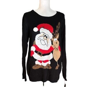 Karen‎ Scott Jingle Bell Santa and Reindeer Holiday Festive Sweater Sz Large NEW